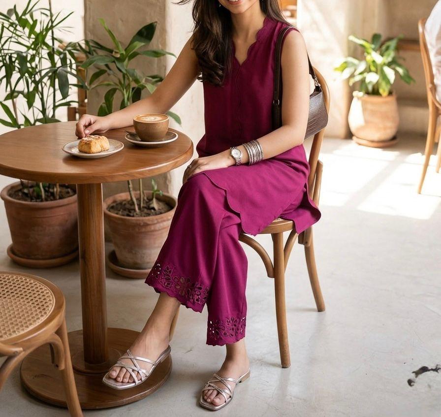 Woman in a magenta outfit sitting at a table with plants in the background