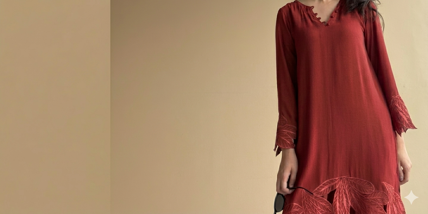 rust dress with long sleeves on a beige background
